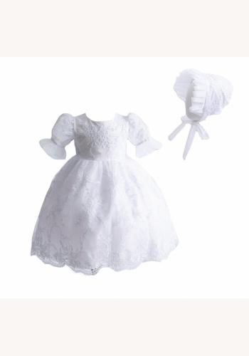 Biele/smotanové čipkované dievčenské šaty na krst 2-dielny set 018CI