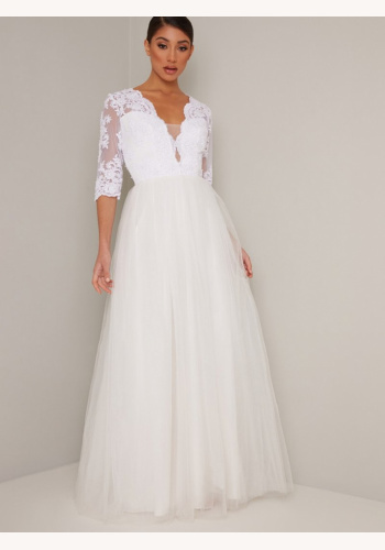 Biele dlhé svadobné šaty s čipkou s 3/4 rukávom 472C
