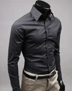Čierna vysoký golier pánska košeľa s dlhým rukávom slim fit 068E