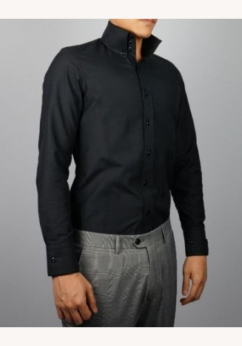 Čierna vysoký golier pánska košeľa s dlhým rukávom slim fit 069E