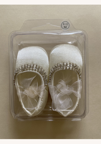 Bielo-smotanové diamantové topánočky na krst s mašľou s organzy 024E