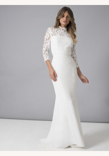 Biele dlhé svadobné šaty s čipkou s 3/4 rukávom morská panna 473C