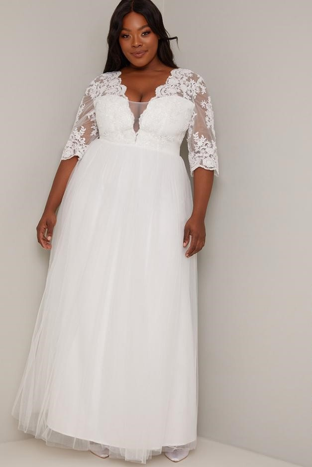 Plus biele dlhé svadobné šaty s čipkou s 3/4 rukávom 472C