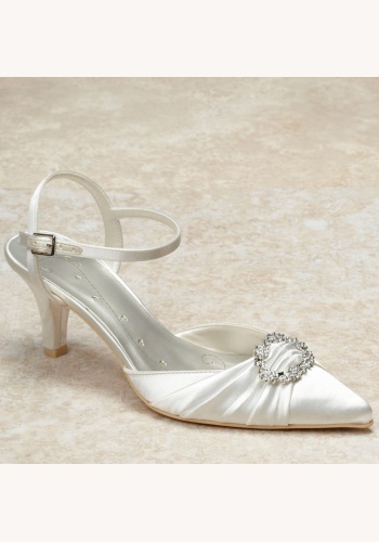 Smotanové svadobné saténové topánky s otvorenou pätou na strednom opätku 036