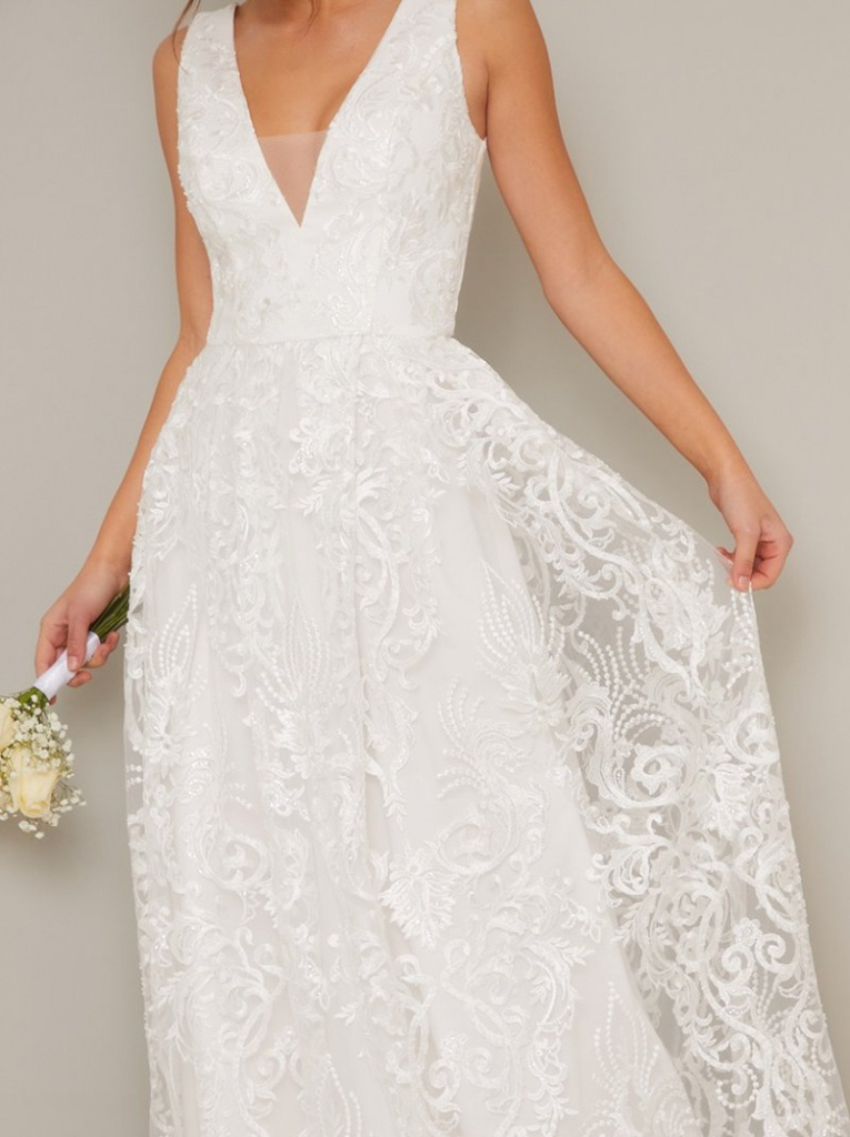 Smotanové dlhé svadobné šaty s výstrihom bez rukávov 471Ca