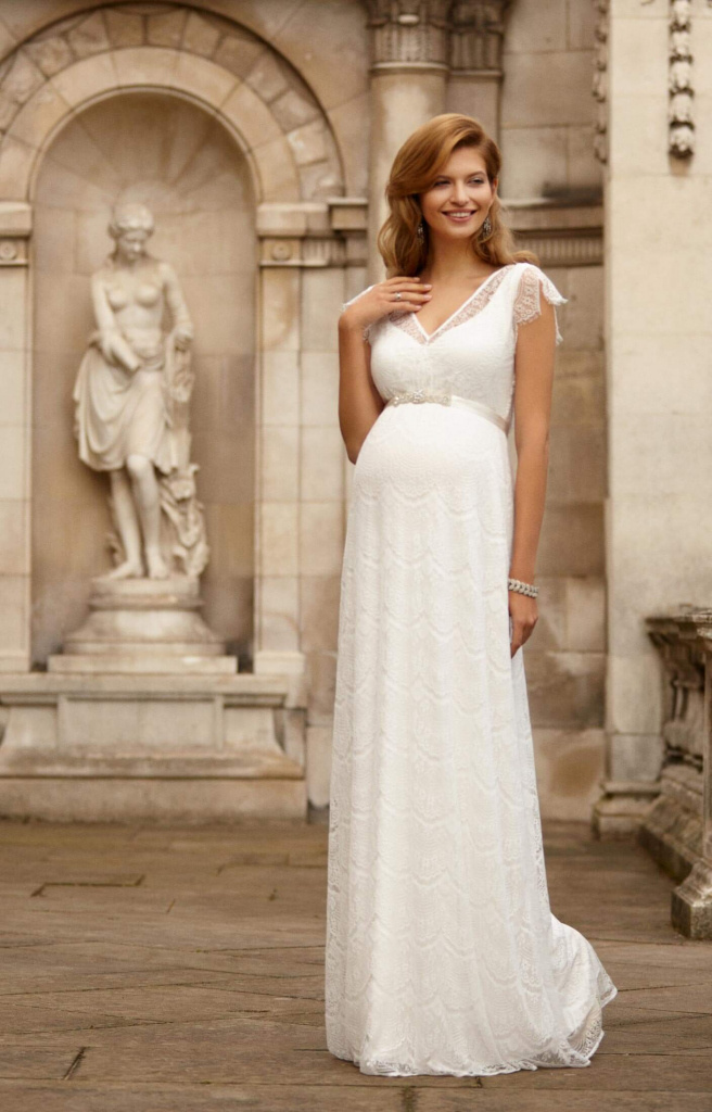 Tiffany Rose bielo-smotanové dlhé tehotenské čipkované šaty s krátkym rukávom 477TR