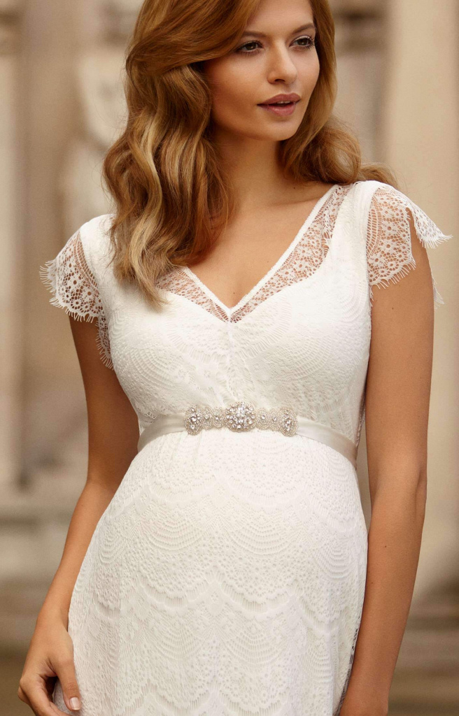 Tiffany Rose bielo-smotanové dlhé tehotenské čipkované šaty s krátkym rukávom 477TR