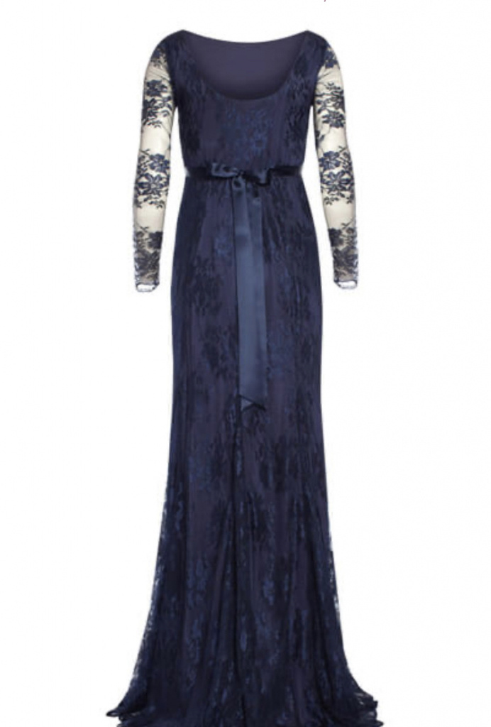 Tiffany Rose tmavomodré dlhé tehotenské čipkované šaty s dlhým rukávom 483TR
