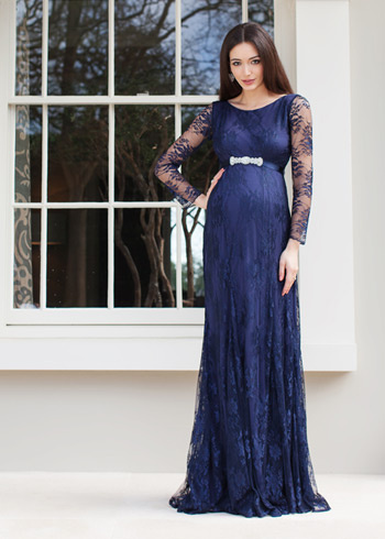 Tiffany Rose tmavomodré dlhé tehotenské čipkované šaty s dlhým rukávom 483TR