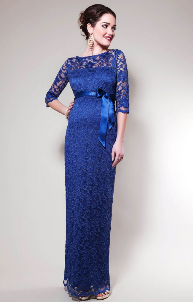 Tiffany Rose modré dlhé tehotenské čipkované šaty s 3/4 rukávom 240TRa