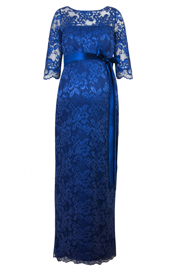 Tiffany Rose modré dlhé tehotenské čipkované šaty s 3/4 rukávom 240TRa