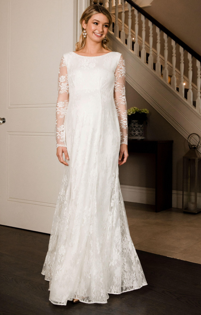 Tiffany Rose bielo-smotanové dlhé tehotenské čipkované šaty s dlhým rukávom 478TR