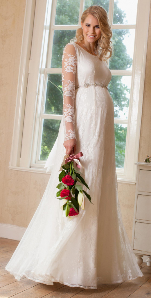 Tiffany Rose bielo-smotanové dlhé tehotenské čipkované šaty s dlhým rukávom 478TR