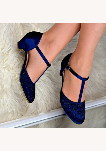 Modré spoločenské saténové diamantové topánky na nízkom opätku 083Ea