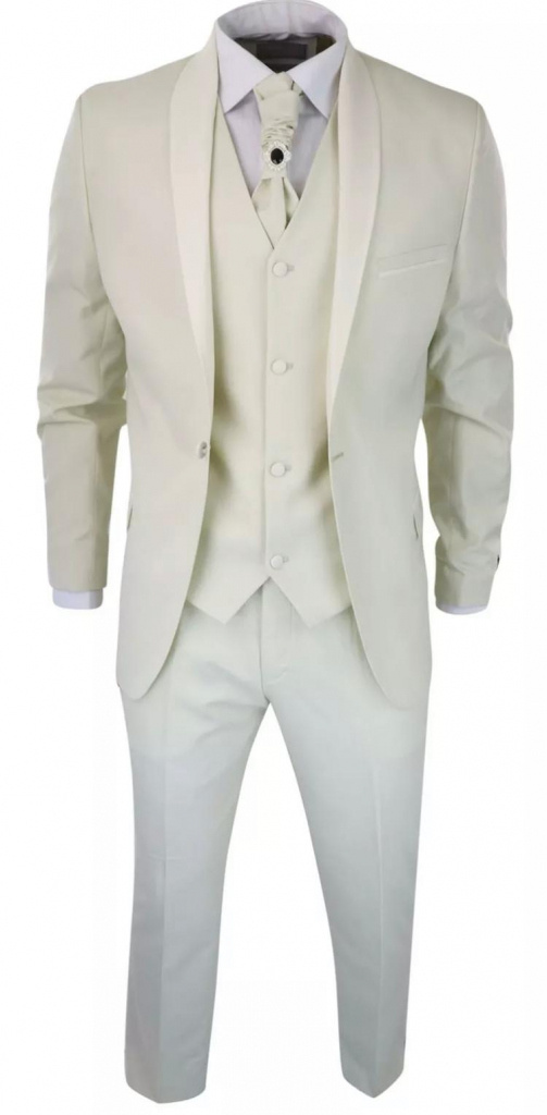 Smotanový pánsky svadobný 5-dielny oblek tuxedo tailored fit  0104E