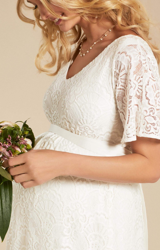 Tiffany Rose smotanové dlhé tehotenské svadobné šaty s krátkym rukávom 479TR