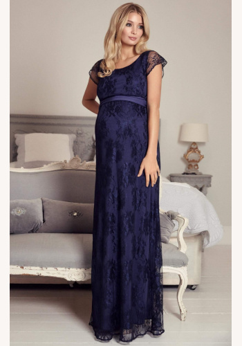 Tiffany Rose modré dlhé tehotenské čipkované šaty s krátkym rukávom 241TRa