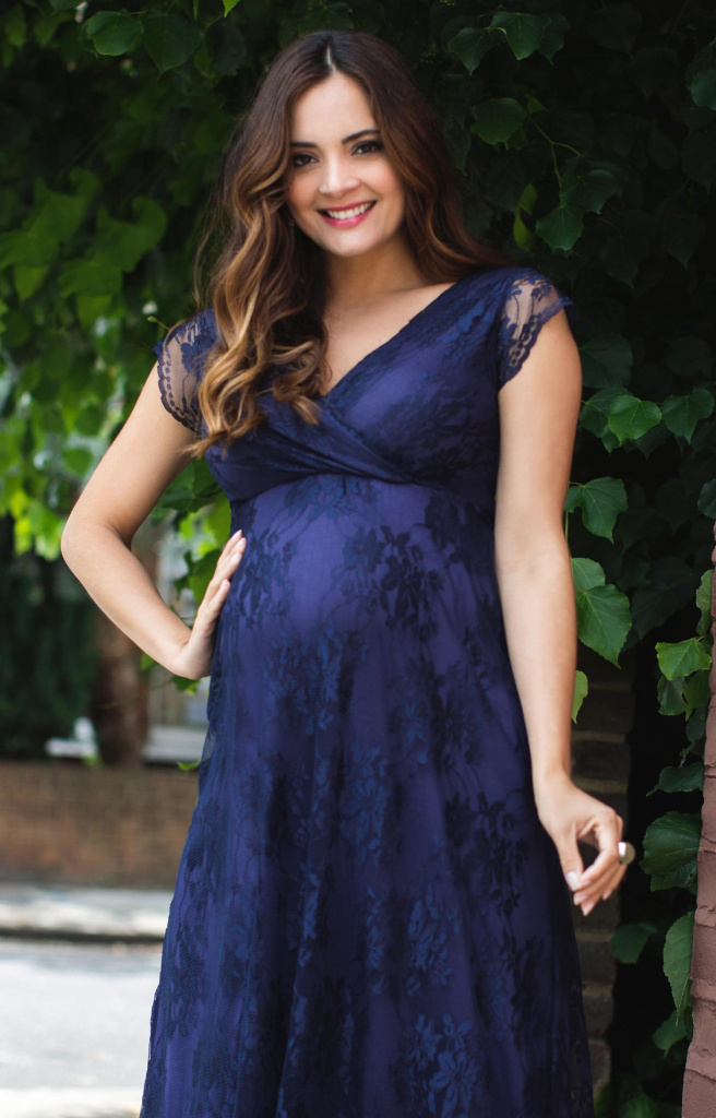 Tiffany Rose modré dlhé tehotenské čipkované šaty s krátkym rukávom 242TR