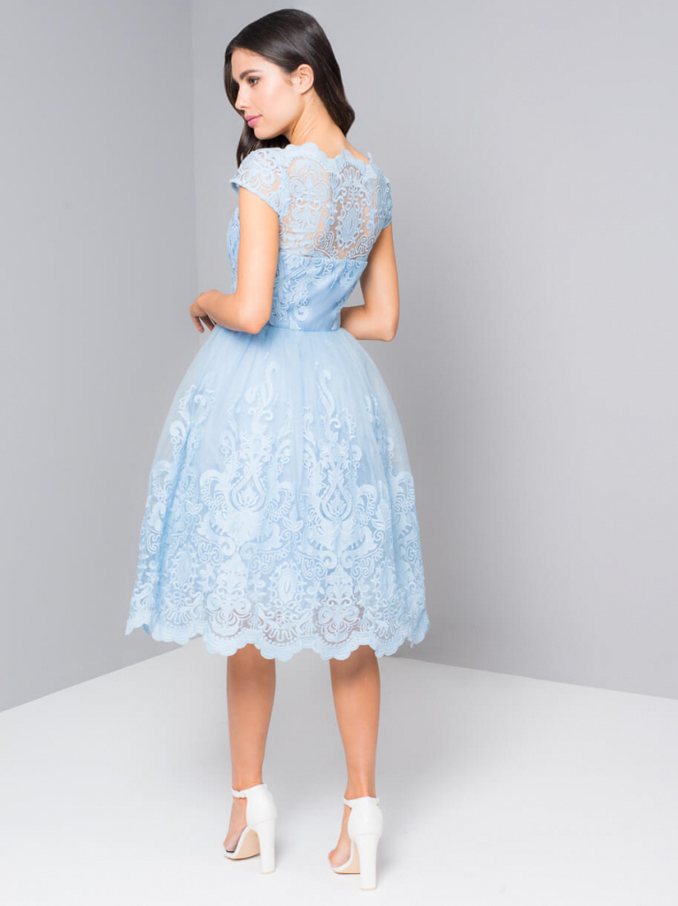 Modré midi čipkované šaty s krátkym rukávom 199Cb