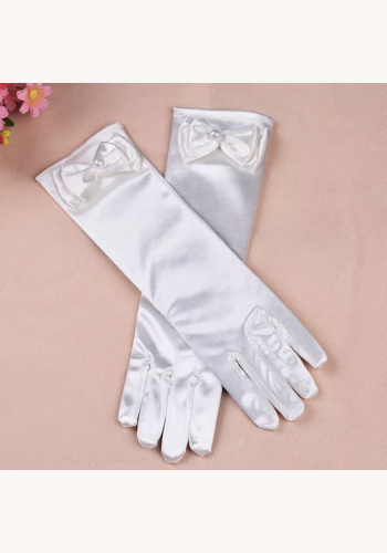 Biele dievčenské saténové perlové rukavičky s mašľou na 1. sväté prijímanie 028E