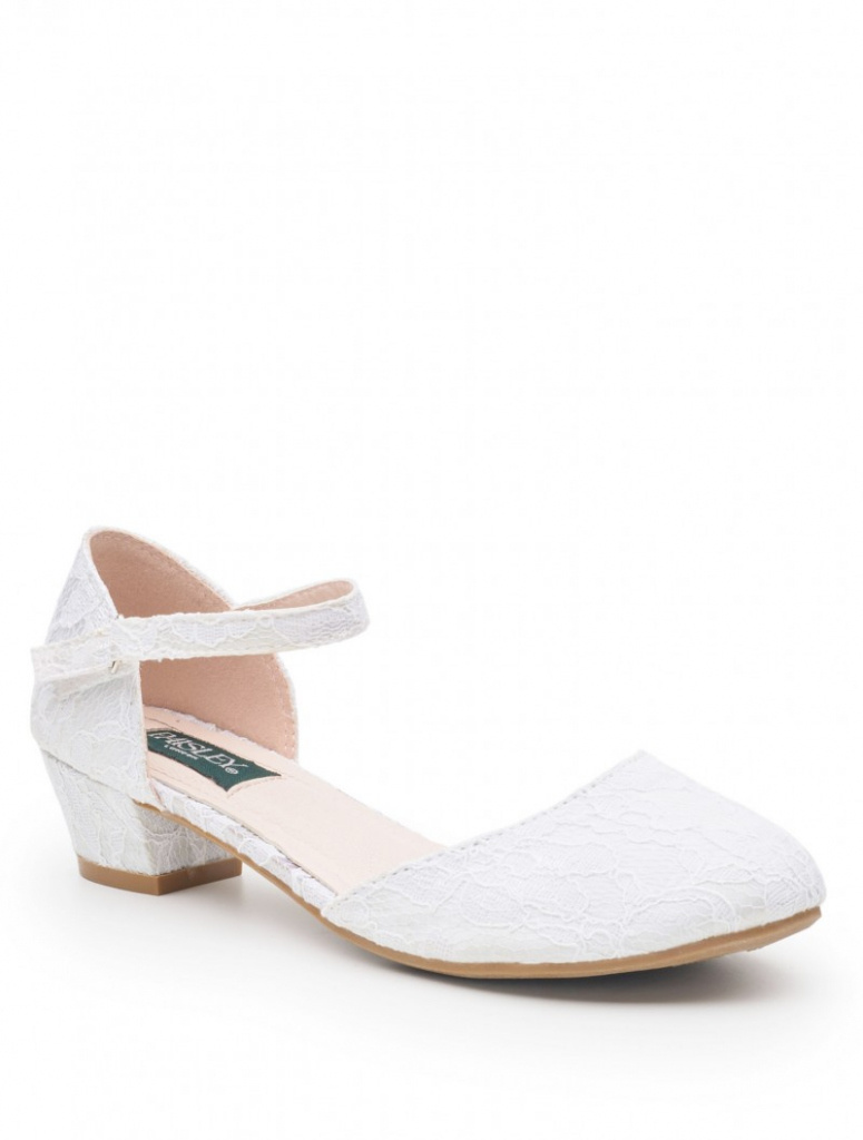 Bielo-smotanové čipkované topánky na nízkom opätku 084E