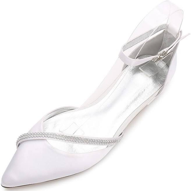 Biele svadobné saténové diamantové topánky 084AZ
