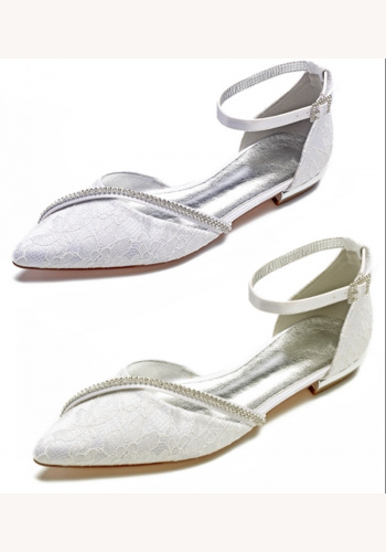 Biele/smotanové svadobné čipkované diamantové topánky 084AZb