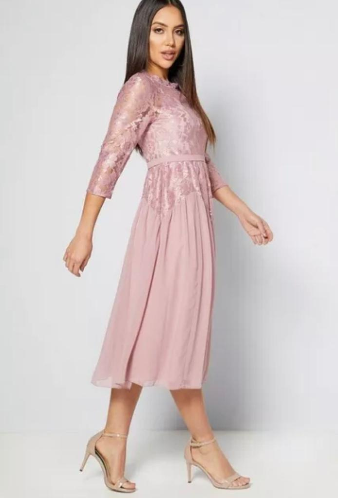 Ružové midi šaty s čipkou s 3/4 rukávom 202L