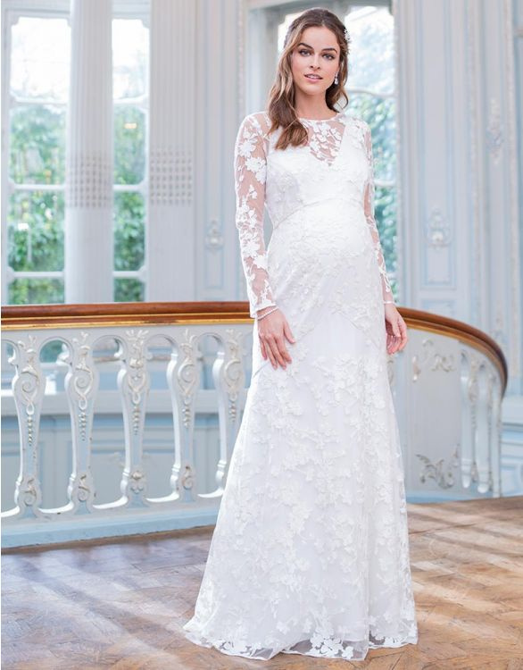 Seraphine smotanové čipkované tehotenské svadobné šaty s dlhým rukávom 247S