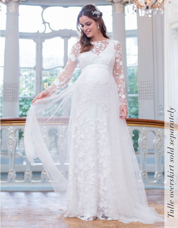 Seraphine smotanové čipkované tehotenské svadobné šaty s dlhým rukávom 247S