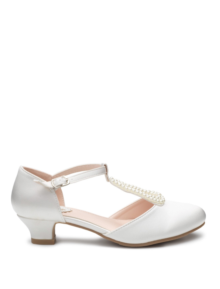 Bielo-smotanové dievčenské saténové perlové topánky na nízkom opätku 096E