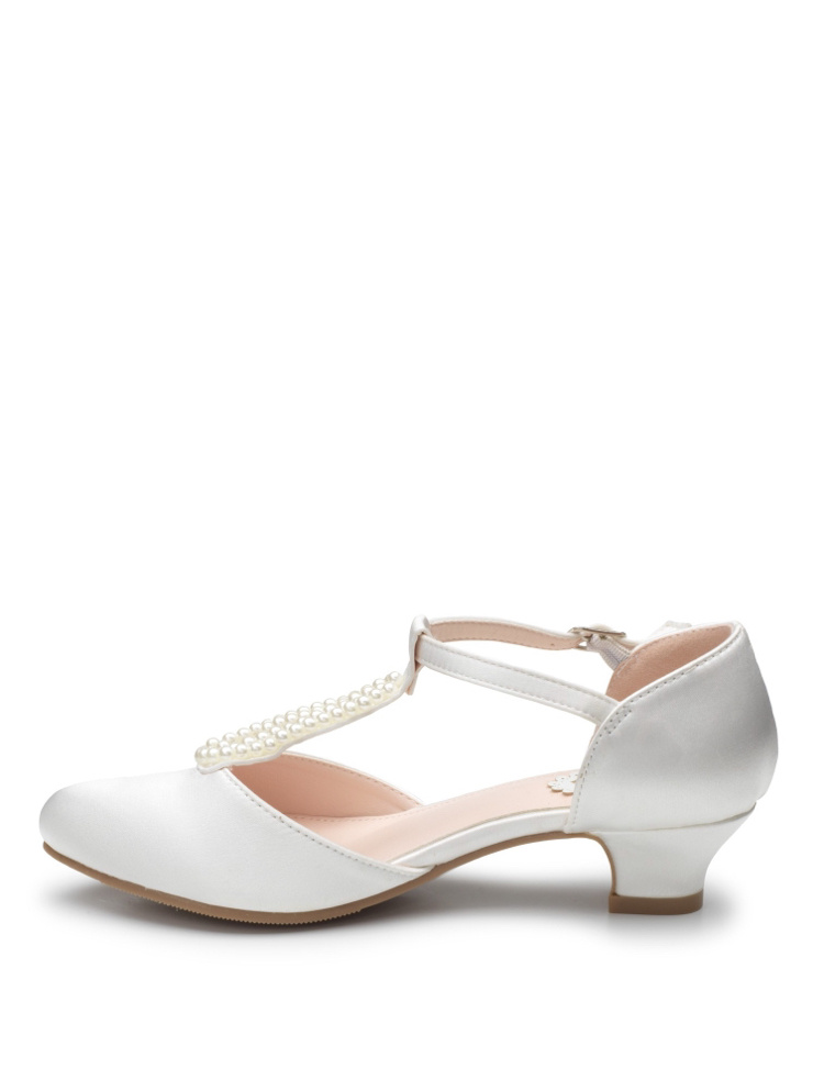 Bielo-smotanové dievčenské saténové perlové topánky na nízkom opätku 096E