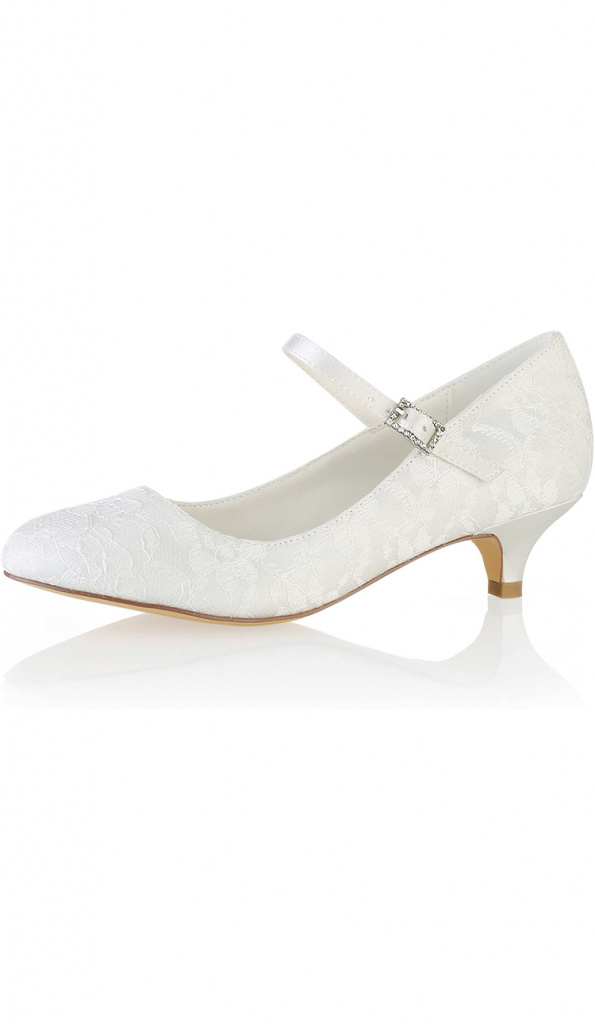 Bielo-smotanové svadobné čipkované topánky na nízkom opätku 086AZ