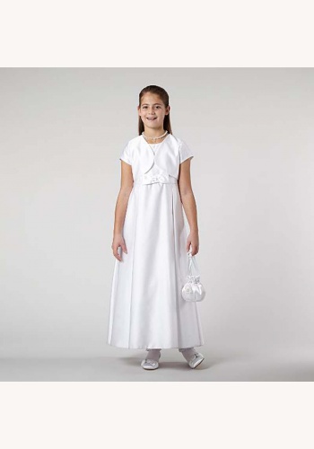 Biele dlhé saténové šaty na 1. sväté prijímanie bez rukávov s bolerkom s krátkym rukávom 001PF