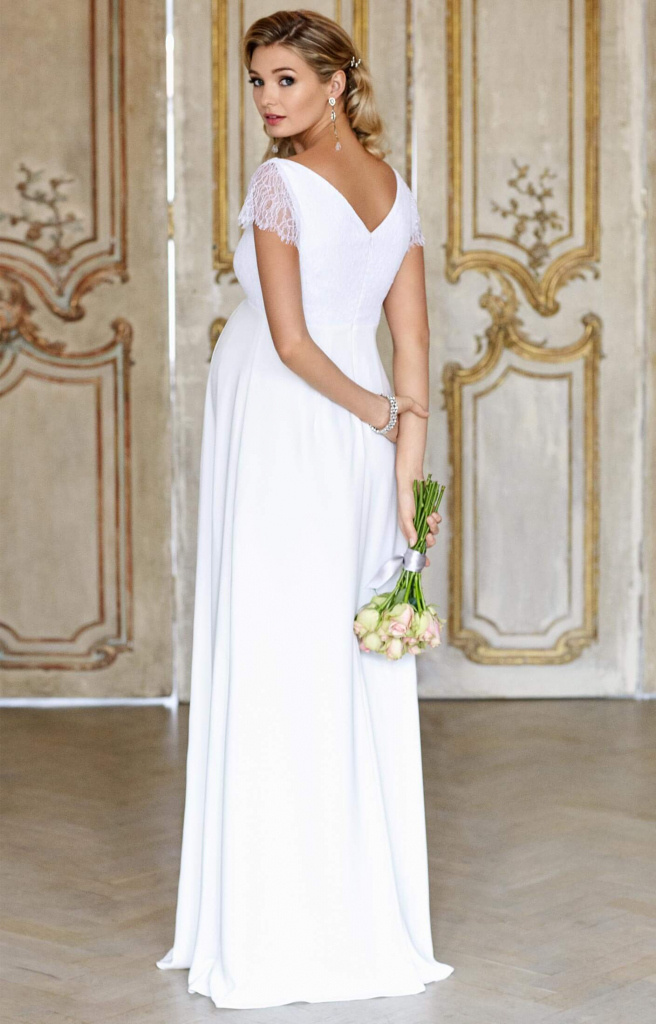 Tiffany Rose smotanové dlhé tehotenské svadobné šaty s krátkym rukávom 248TR