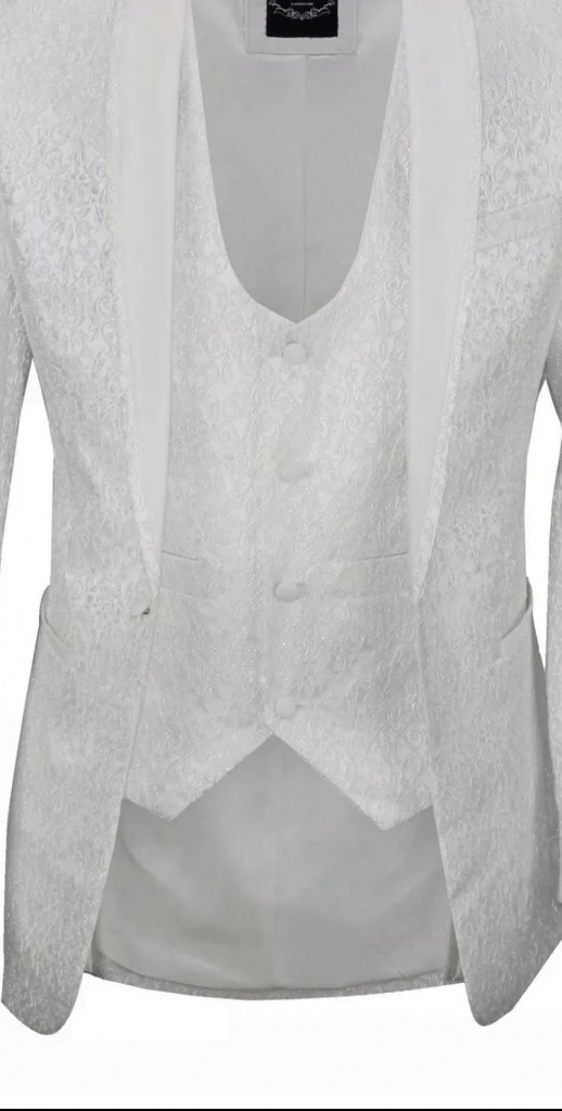Biely pánsky svadobný 3-dielny brokátový oblek tailored fit 0106E