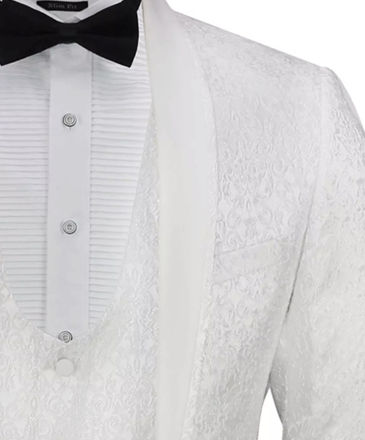Biely pánsky svadobný 3-dielny brokátový oblek tailored fit 0106E