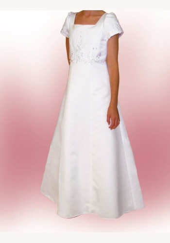 Biele dlhé saténové šaty na 1. sväté prijímanie s výšivkou s krátkym rukávom 006E