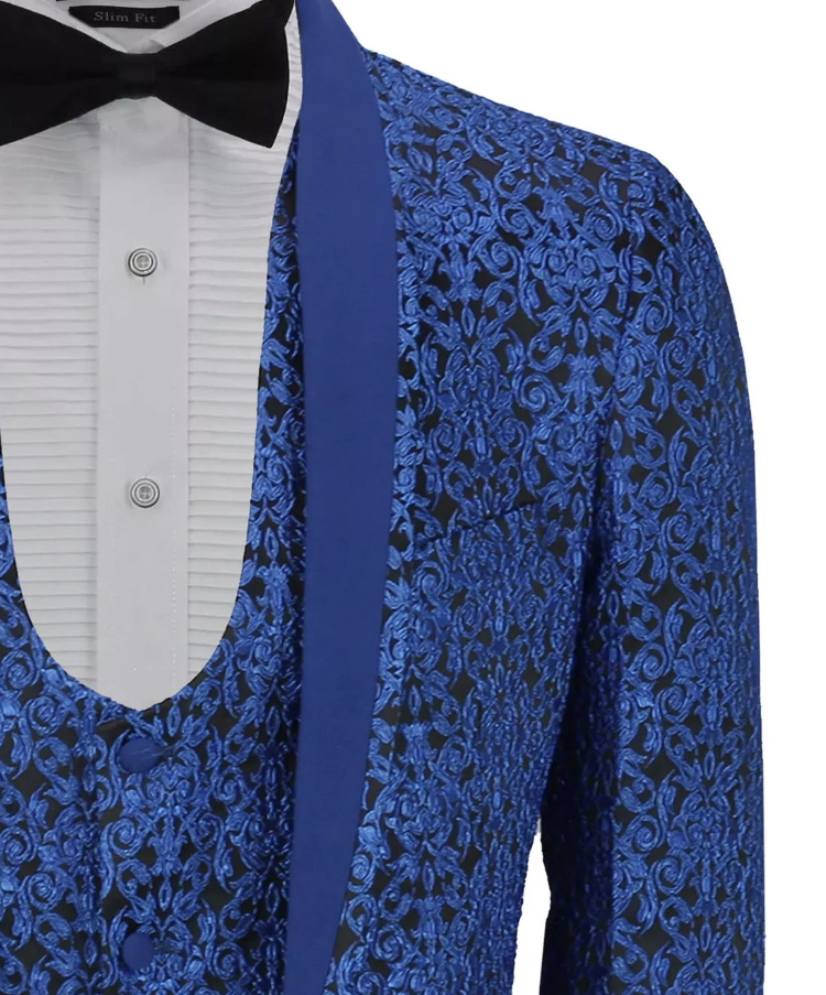 Modrý pánsky svadobný 3-dielny brokátový oblek tailored fit 0106Ea