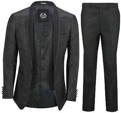 Čierny pánsky svadobný 3-dielny brokátový oblek tailored fit 0106Eb