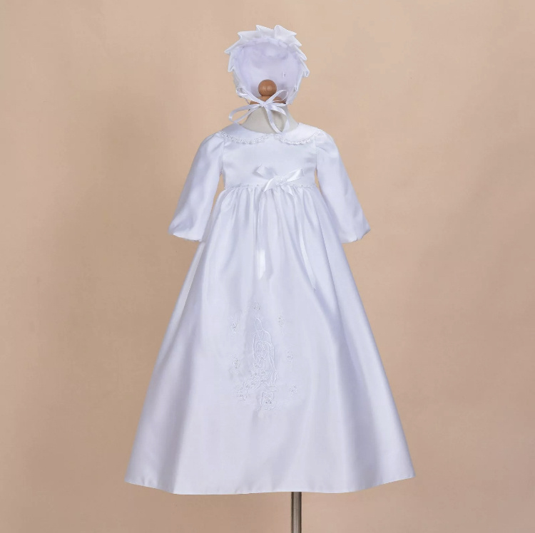 Biele/smotanové dlhé saténové dievčenské šaty na krst s výšivkou Panny Márie 2-dielny set 029E