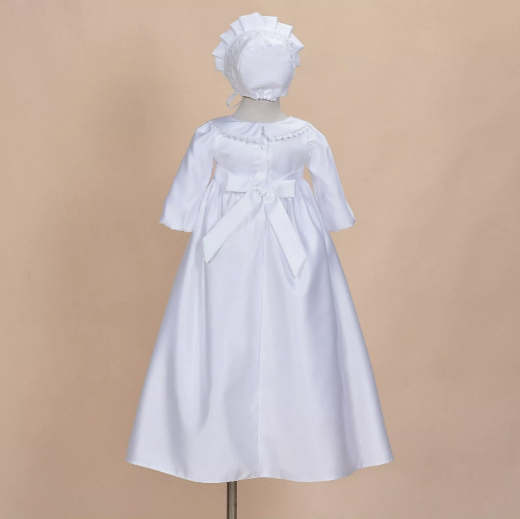 Biele/smotanové dlhé saténové dievčenské šaty na krst s výšivkou Panny Márie 2-dielny set 029E