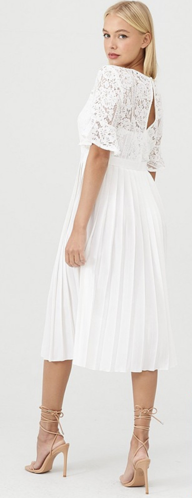 Biele midi šaty so skladanou sukňou s krátkym rukávom 303L