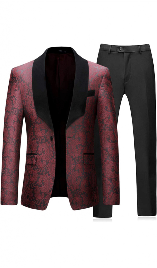 Červeno-bordový pánsky svadobný 2-dielny brokátový oblek slim fit 0107AZa