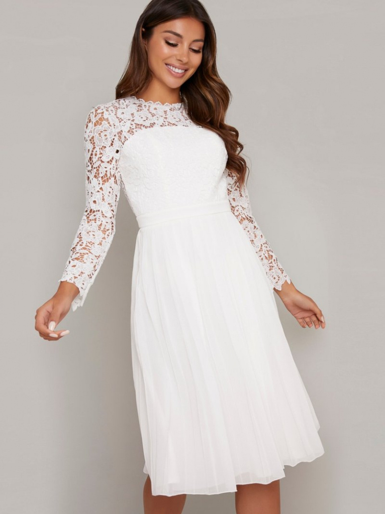 Biele čipkované midi šaty so skladanou sukňou s dlhým rukávom 306C