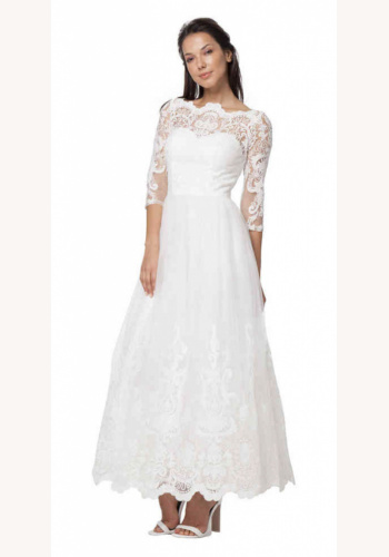 Biele dlhé čipkované šaty s 3/4 rukávom 249C