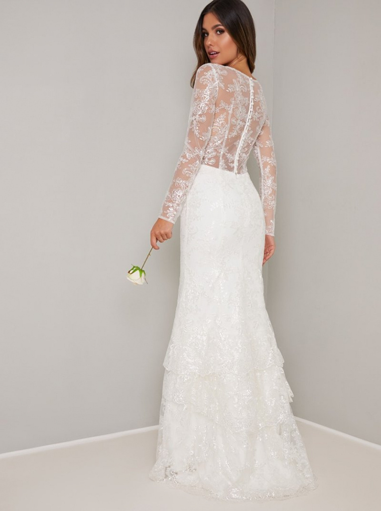 Bielo-smotanové dlhé svadobné čipkované šaty s dlhými rukávmi 251C