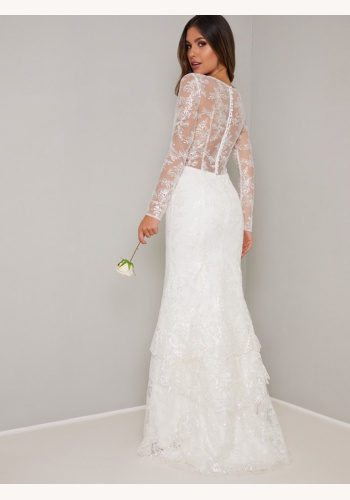 Bielo-smotanové dlhé svadobné čipkované šaty s dlhými rukávmi 251C