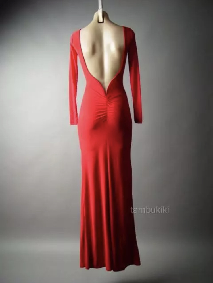 Červené dlhé šaty morská panna s dlhým rukávom a otvoreným chrbtom 251E