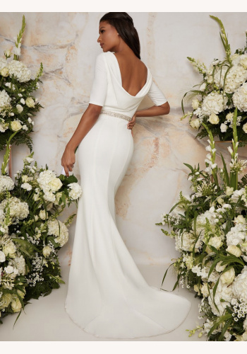Biele dlhé svadobné úzke šaty s výstrihom s 3/4 rukávom 254C